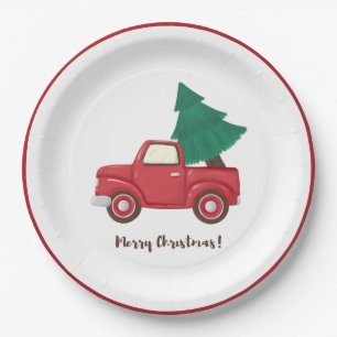 Modern Merry Christmas car with Christmas tree Cla Paper Plate