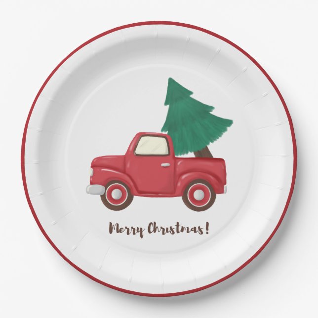 Modern Merry Christmas car with Christmas tree Cla Paper Plate (Front)