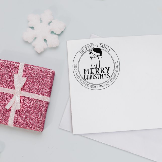 Modern Merry Christmas Cat Return Address Rubber Stamp (Creator Uploaded)