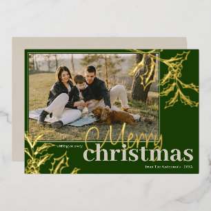 Modern Merry Christmas Custom Photo Green Gold Foil Holiday Card