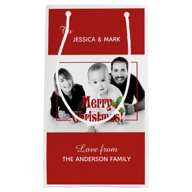 Modern Merry Christmas Custom Photo Red Small Gift Bag (Front)
