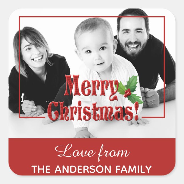 Modern Merry Christmas Custom Photo Square Sticker (Front)