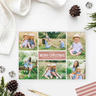 Modern Merry Christmas Dusty Pink Photo Collage Holiday Card