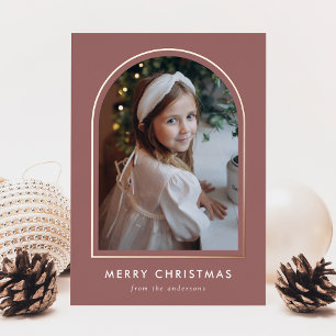 Modern Merry Christmas Dusty Rose Arch Photo Foil Holiday Card