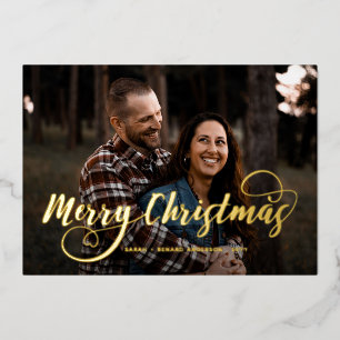 Modern Merry Christmas Elegant Photo Tartan Foil Holiday Card