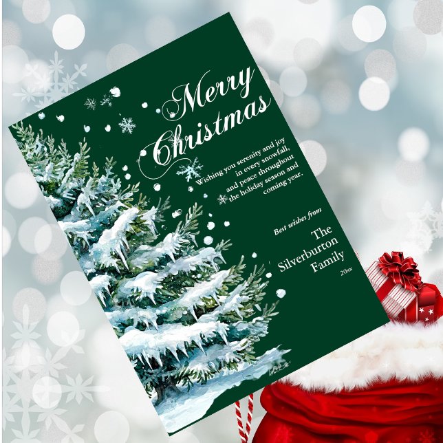 Modern Merry Christmas Elegant Script Snow Fir Holiday Card (Creator Uploaded)