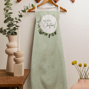 Modern Merry Christmas eucalyptus wreath green Apron