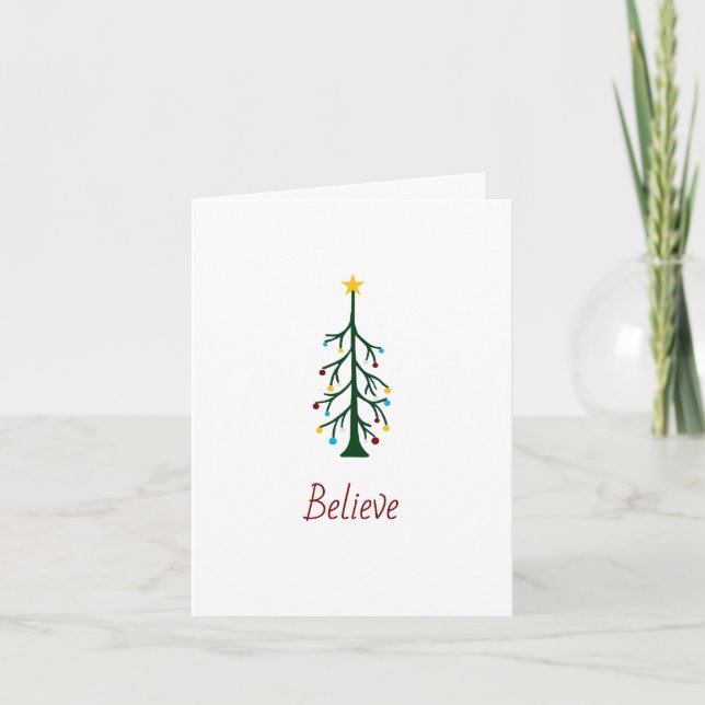 Modern Merry Christmas Evergreen Tree Believe Holiday Card (Front)