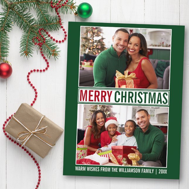 Modern Merry Christmas Family 2 Photo Green Postcard (Customize to change your personalized text size or text style.)