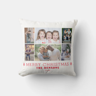 Modern Merry Christmas Family 6 Photo Collage Cushion