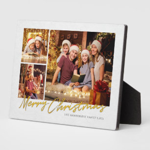 Modern Merry Christmas Family Multi Photo Holiday Plaque