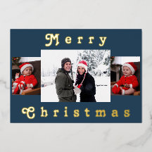 Modern Merry Christmas Family Photo Blue & Gold