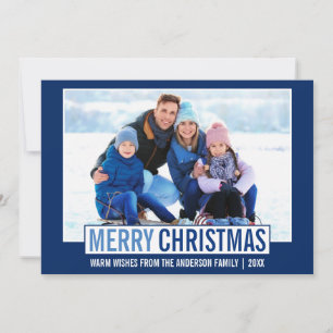 Modern Merry Christmas Family Photo Blue Holiday Card