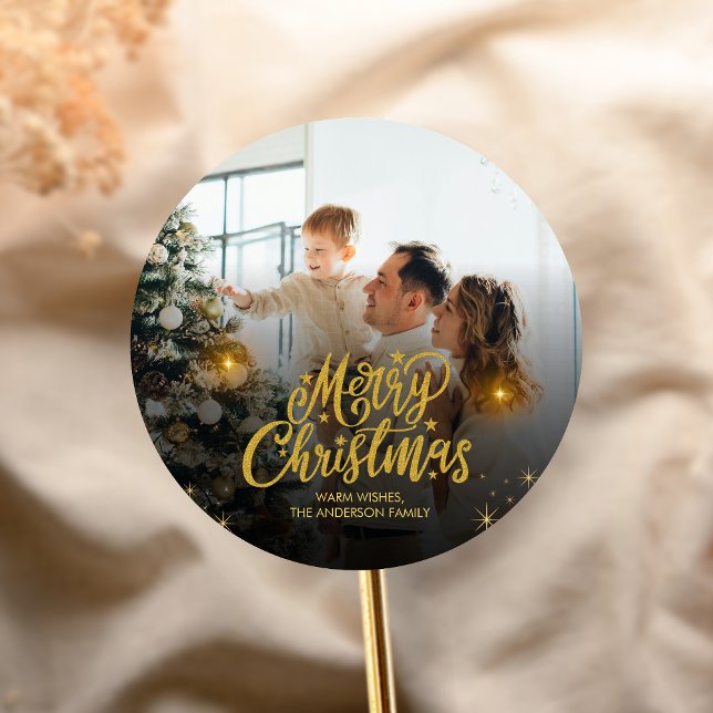 Modern Merry Christmas Family Photo Classic Round Sticker (Modern Christmas Family Holiday Sticker)