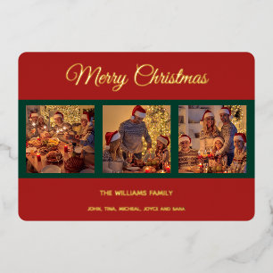 Modern Merry Christmas Family Photo Collage Foil Holiday Card