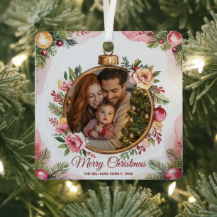 Modern Merry Christmas Family Photo Floral Frame   Metal Tree Decoration