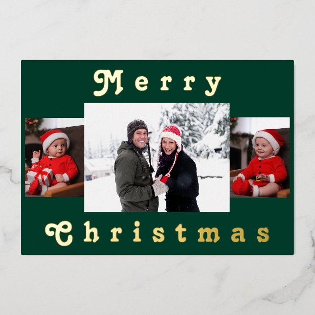 Modern Merry Christmas Family Photo Green & Gold Foil Holiday Card (Front)