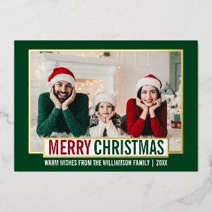 Modern Merry Christmas Family Photo Green Gold Foil Holiday Card