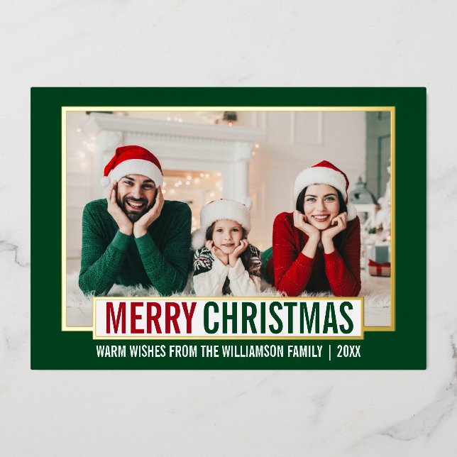 Modern Merry Christmas Family Photo Green Gold Foil Holiday Card (Front)