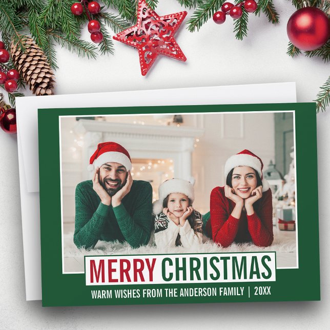 Modern Merry Christmas Family Photo Green Holiday Card (Customize to add text to back of card.)