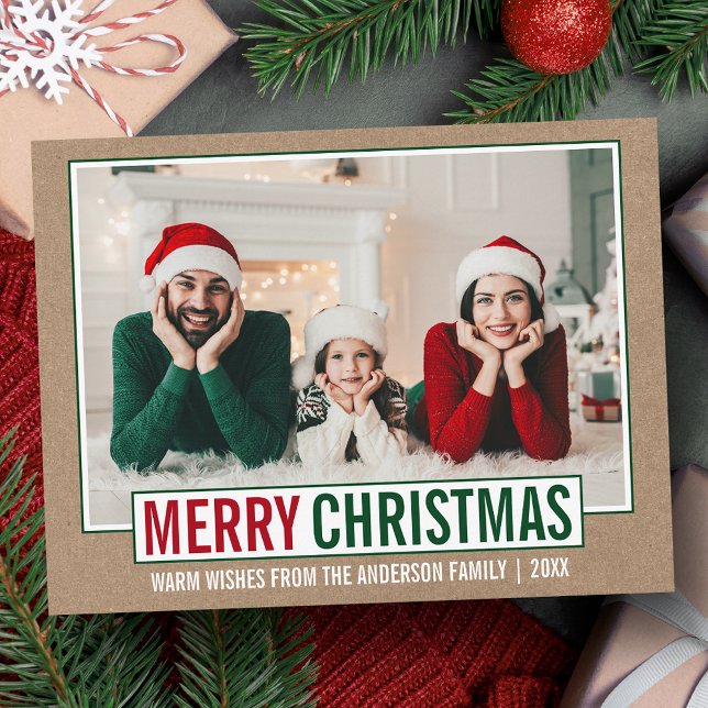 Modern Merry Christmas Family Photo Kraft Postcard (Customize to change your personalized text size or text style.)