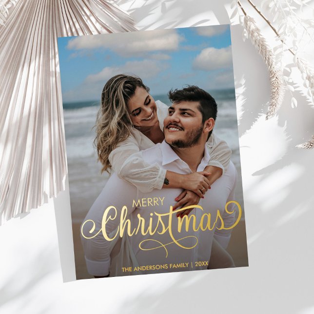 Modern Merry Christmas Family Photo Name Buffalo Foil Holiday Card (Creator Uploaded)