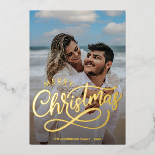 Modern Merry Christmas Family Photo Name Gold   Foil Holiday Card
