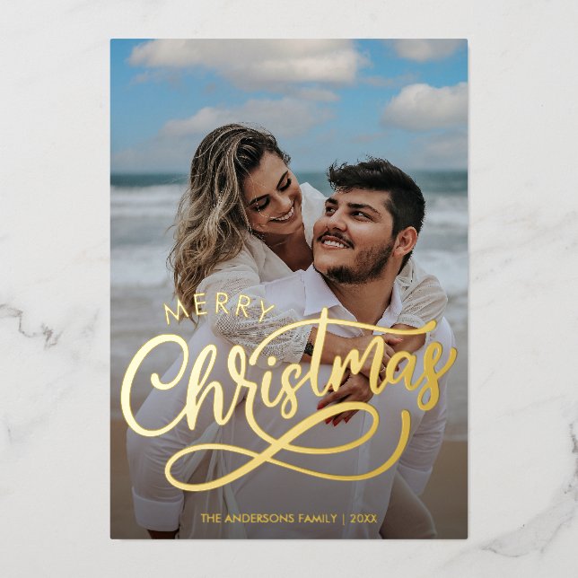 Modern Merry Christmas Family Photo Name Gold   Foil Holiday Card (Front)