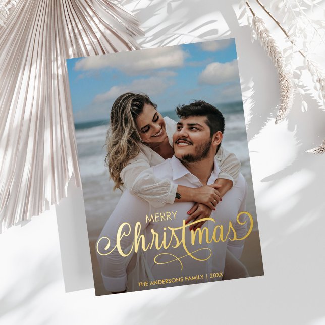 Modern Merry Christmas Family Photo Name Stripes F Foil Holiday Card (Creator Uploaded)