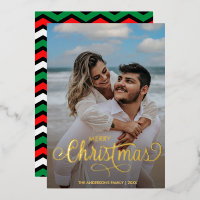 Modern Merry Christmas Family Photo Name Stripes  