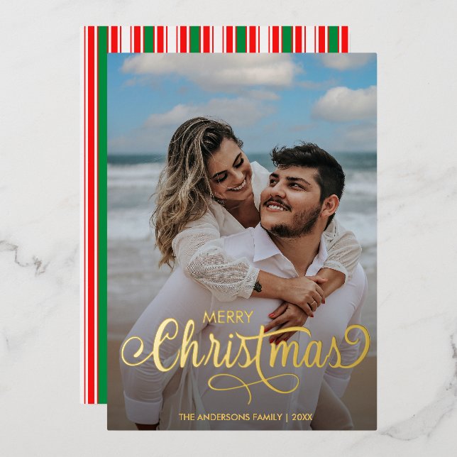 Modern Merry Christmas Family Photo Name Stripes  Foil Holiday Card (Front/Back)