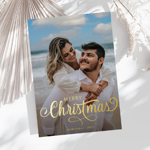 Modern Merry Christmas Family Photo Name Stripes  Foil Holiday Card