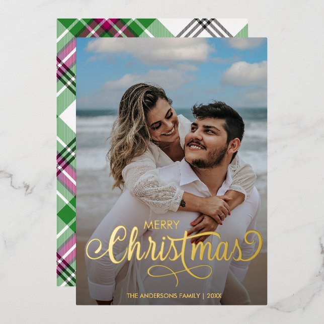 Modern Merry Christmas Family Photo Name Tartan Fo Foil Holiday Card (Front/Back)