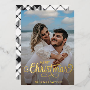 Modern Merry Christmas Family Photo Name Tartan Fo Foil Holiday Card