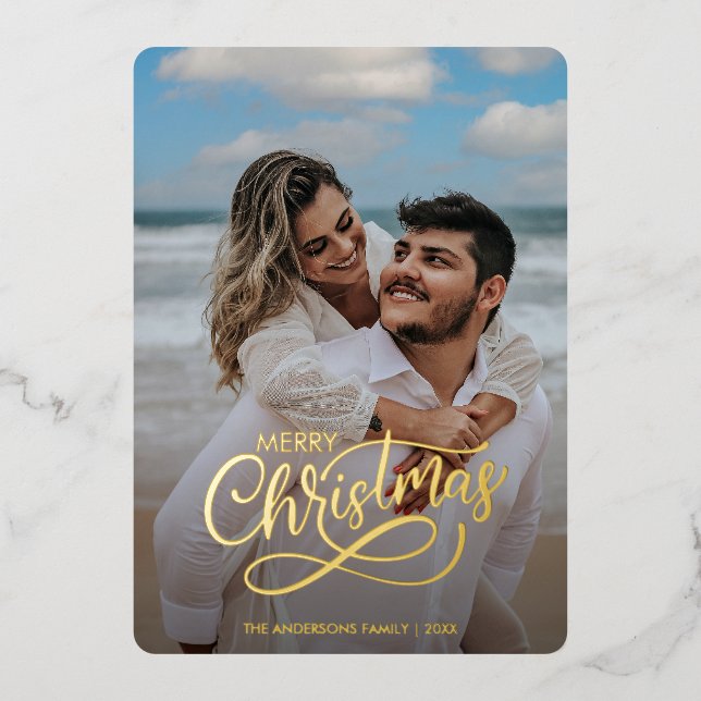 Modern Merry Christmas Family Photo Name Tartan Fo Foil Holiday Card (Front)