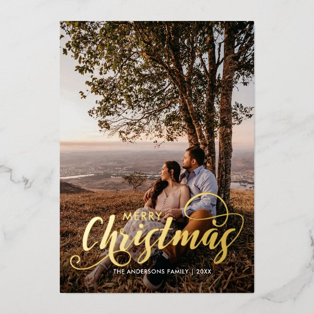 Modern Merry Christmas Family Photo Name Tartan Foil Holiday Card (Front)