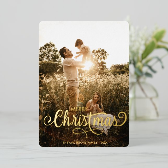 Modern Merry Christmas Family Photo Name Tartan Foil Holiday Card (Standing Front)