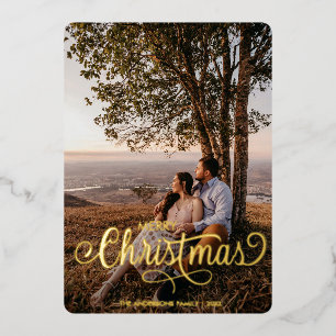 Modern Merry Christmas Family Photo Name Tartan Foil Holiday Card