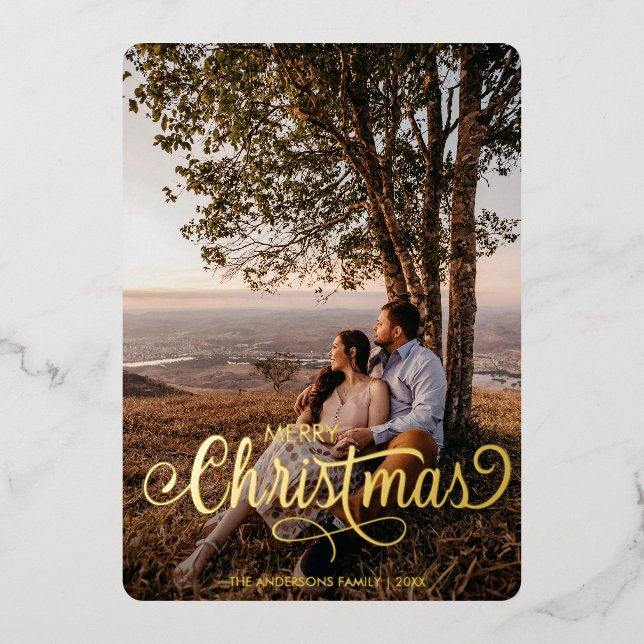 Modern Merry Christmas Family Photo Name Tartan Foil Holiday Card (Front)