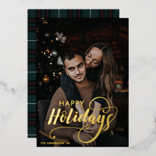 Modern Merry Christmas Family Photo Name Tartan Foil Holiday Card