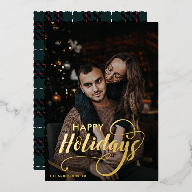 Modern Merry Christmas Family Photo Name Tartan Foil Holiday Card (Front/Back)