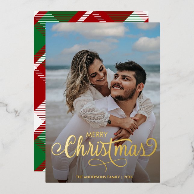 Modern Merry Christmas Family Photo Name Tartan  Foil Holiday Card (Front/Back)