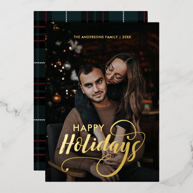 Modern Merry Christmas Family Photo Name Tartan Foil Holiday Card (Front/Back)