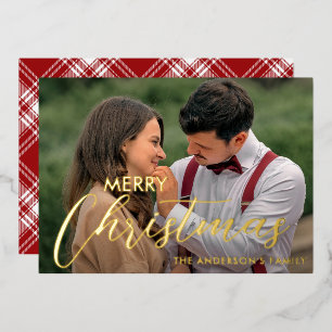 Modern Merry Christmas Family Photo Name Tartan Foil Holiday Card