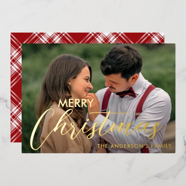 Modern Merry Christmas Family Photo Name Tartan Foil Holiday Card (Front/Back)