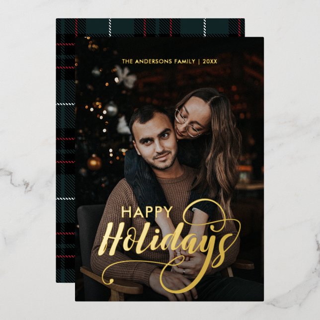 Modern Merry Christmas Family Photo Name Tartan Foil Holiday Card (Front/Back)