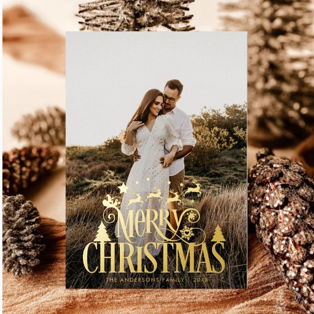 Modern Merry Christmas Family Photo Name Tartan Foil Holiday Card (Creator Uploaded)