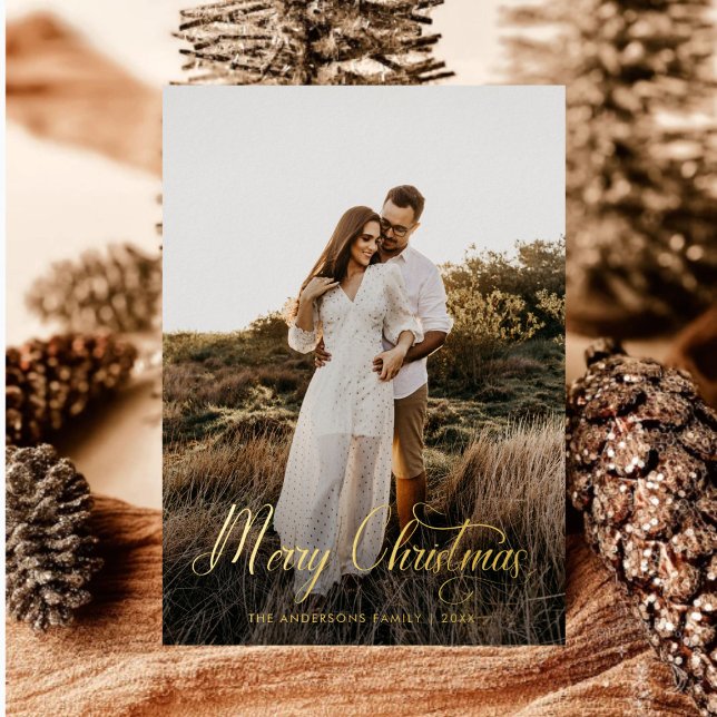 Modern Merry Christmas Family Photo Name Tartan Foil Holiday Card (Creator Uploaded)