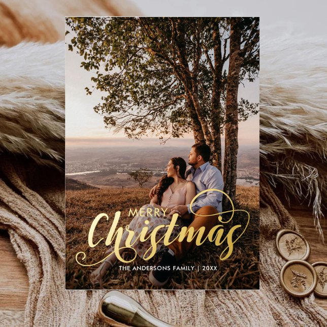 Modern Merry Christmas Family Photo Name Tartan Foil Holiday Card (Creator Uploaded)