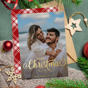 Modern Merry Christmas Family Photo Name Tartan Foil Holiday Card